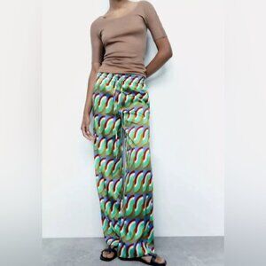 NWT ZARA Pants Pull On Wide Leg Satin Effect Aztec Pucci Printed 9006/175‎ Sz M